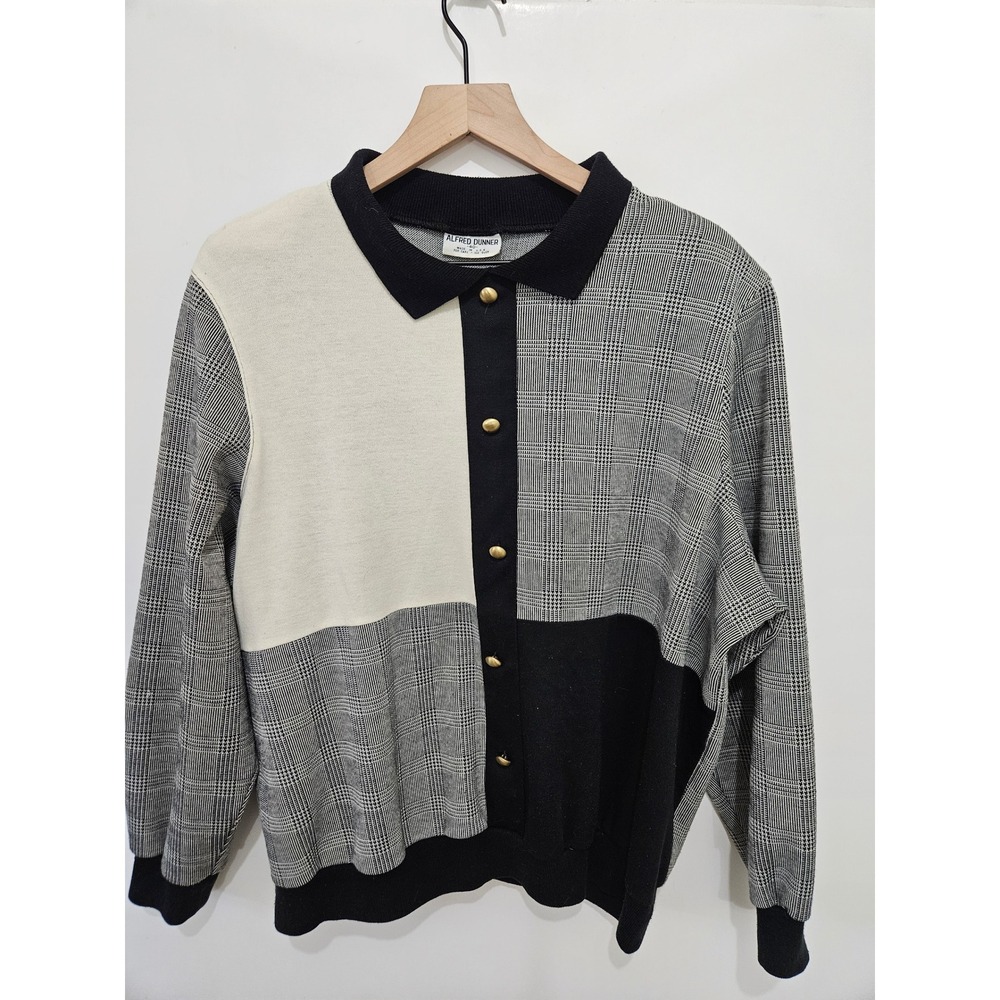 Alfred Dunner Vintage Colorblock Glen Plaid Knit Cardigan Sweater Black White 40